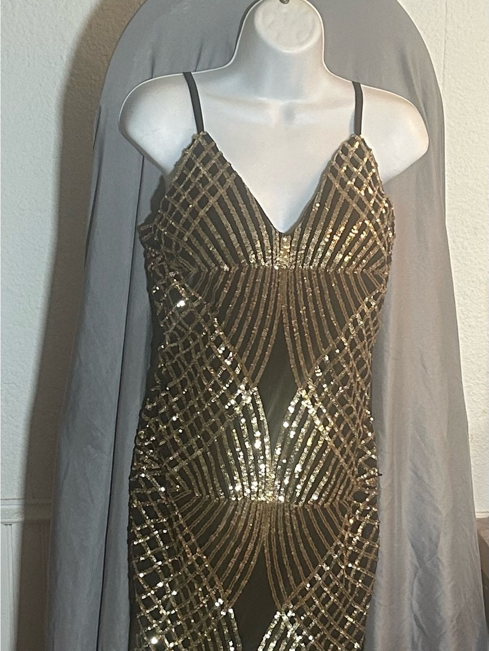 Haute Monde Black Dress with Gold Sequin Geometric Accents